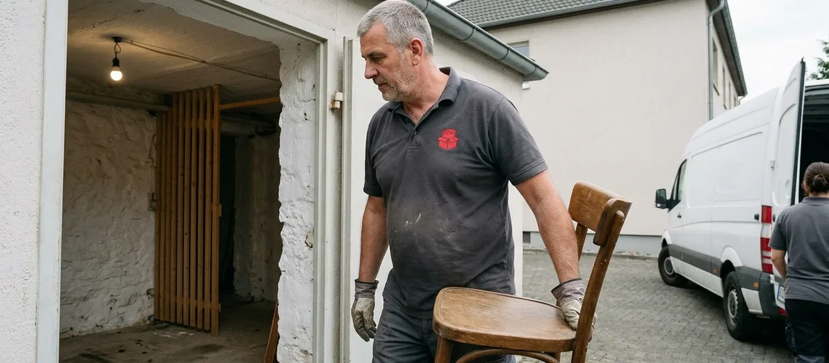 Eine Räumkraft trägt einen alten Holzstuhl aus einem geleerten Kellerraum zum wartenden Wagen im Hof