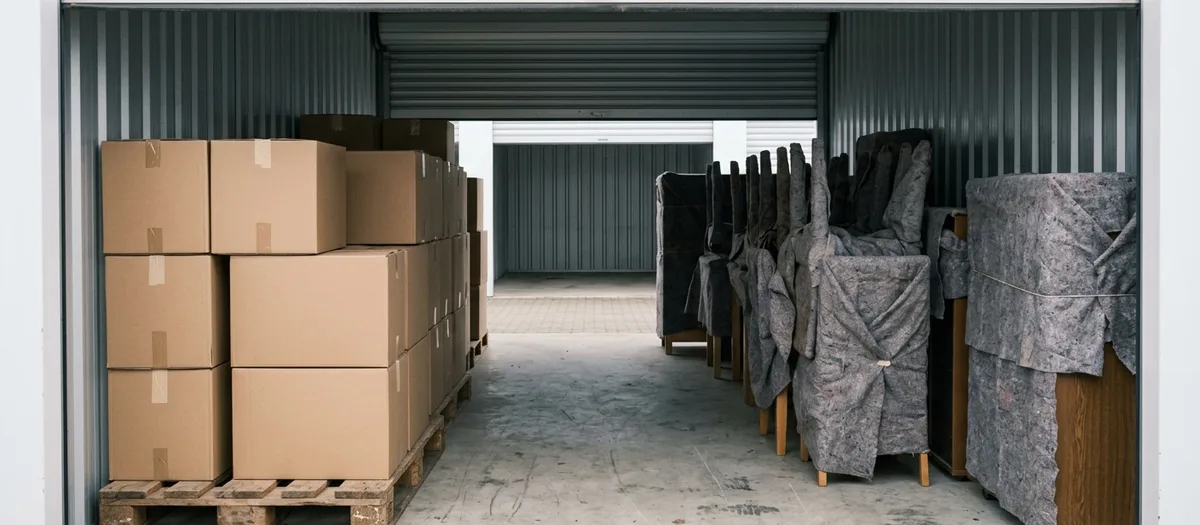 Gestapelte Kartons und in Decken gehüllte Möbel stehen ordentlich aufgereiht in einer verschlossenen Lagerbox