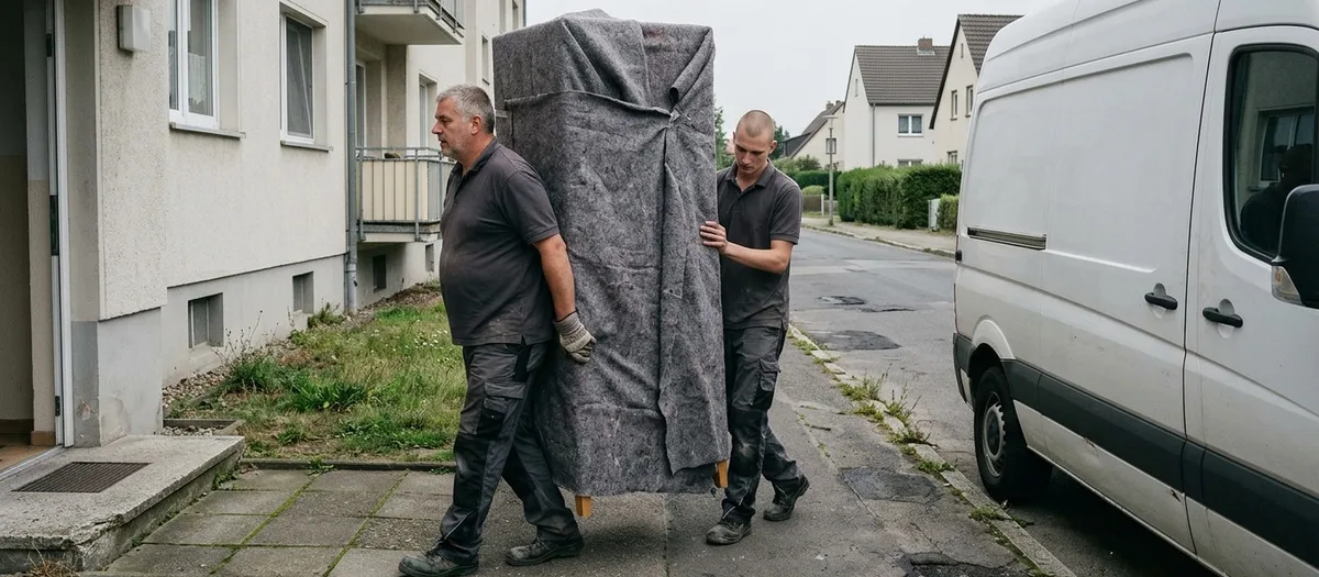 Zwei Umzugskräfte tragen einen verpackten Schrank aus einem Hauseingang zum wartenden Wagen