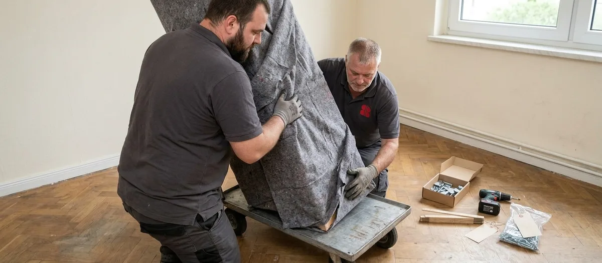 Zwei Kräfte setzen einen mit Decken umwickelten Schrankkorpus auf eine Sackkarre, daneben liegt beschriftetes Kleinteilezubehör