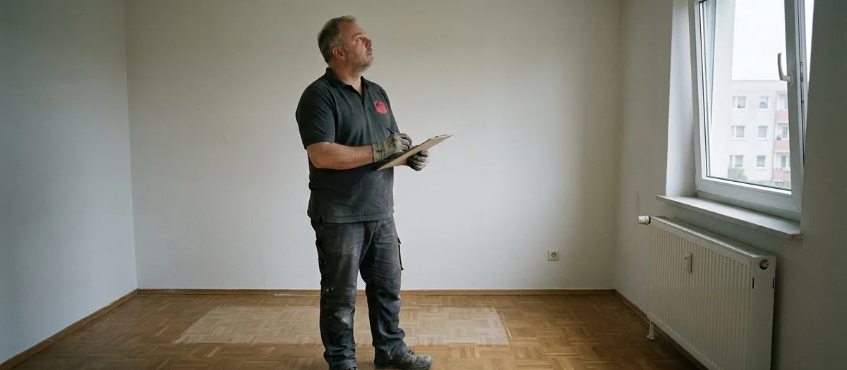 Umzugskraft notiert den Rauminhalt beim Aufmaß in einem leeren Wohnzimmer
