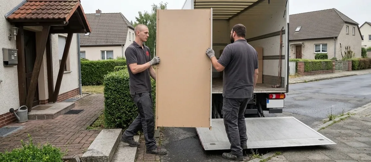 Zwei Umzugskräfte tragen ein zerlegtes Schrankteil aus der Haustür eines Einfamilienhauses zur offenen Ladeklappe