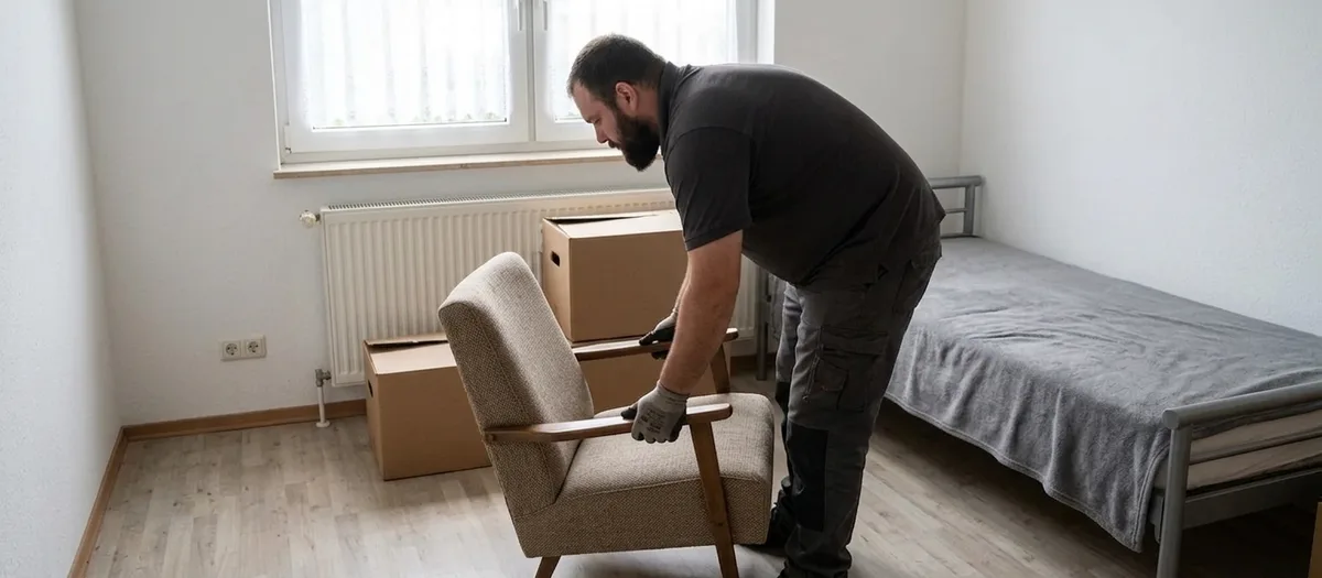 Eine Umzugskraft stellt einen Sessel neben einem bereits aufgebauten Bett in einer hellen kleineren Wohnung ab