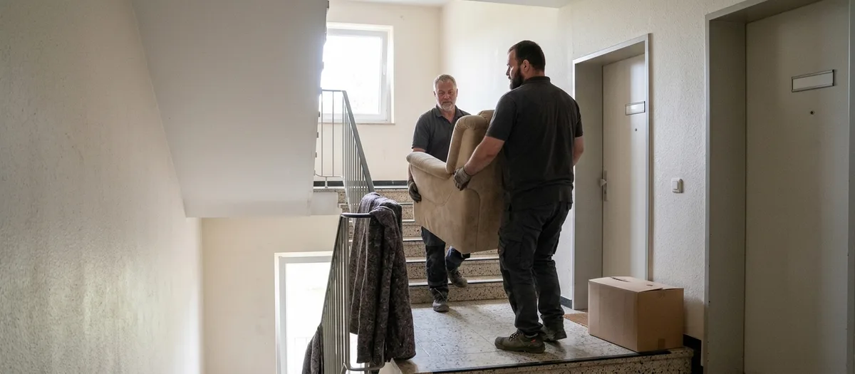Umzugskraft trägt einen gepolsterten Sessel über einen hellen Treppenabsatz im dritten Geschoss eines Mehrparteienhauses