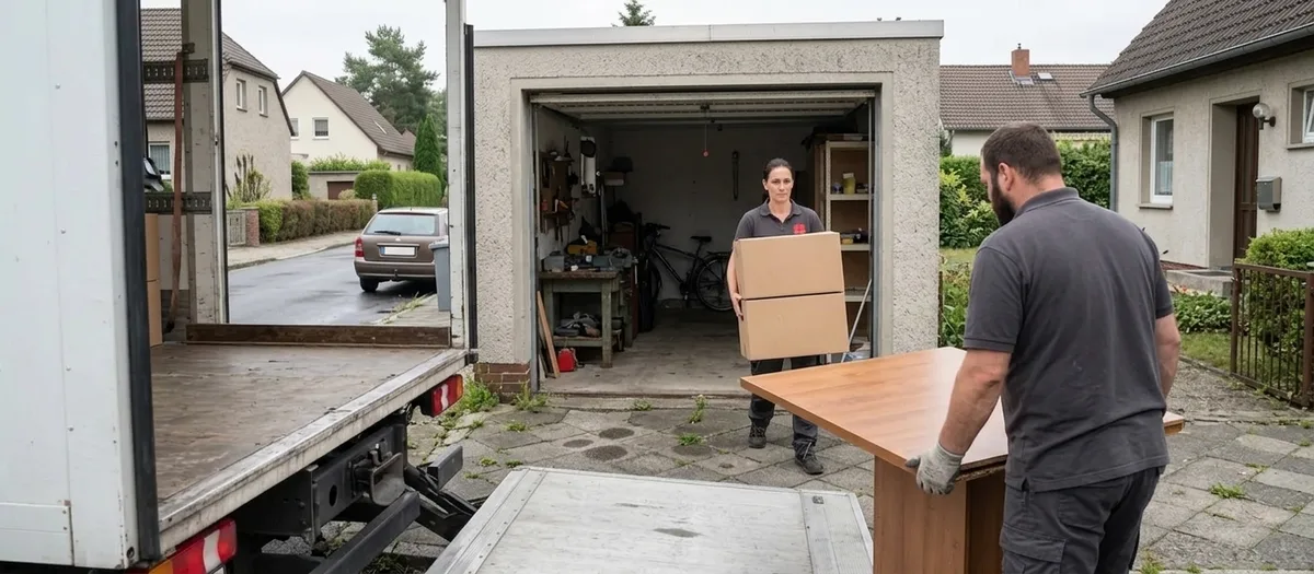 Kartons und zerlegte Möbel werden aus einer Garageneinfahrt in einen bereitstehenden Umzugswagen geladen