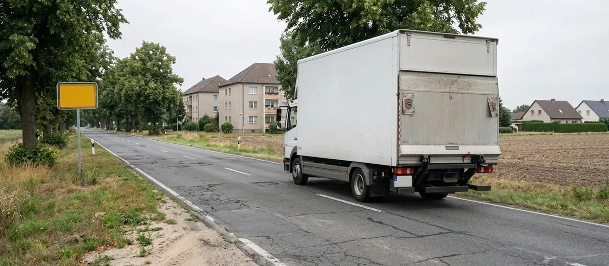 Umzugswagen fährt auf einer zweispurigen Bundesstraße durch flaches Land, am Rand eine Allee mit Ortseingangsschild