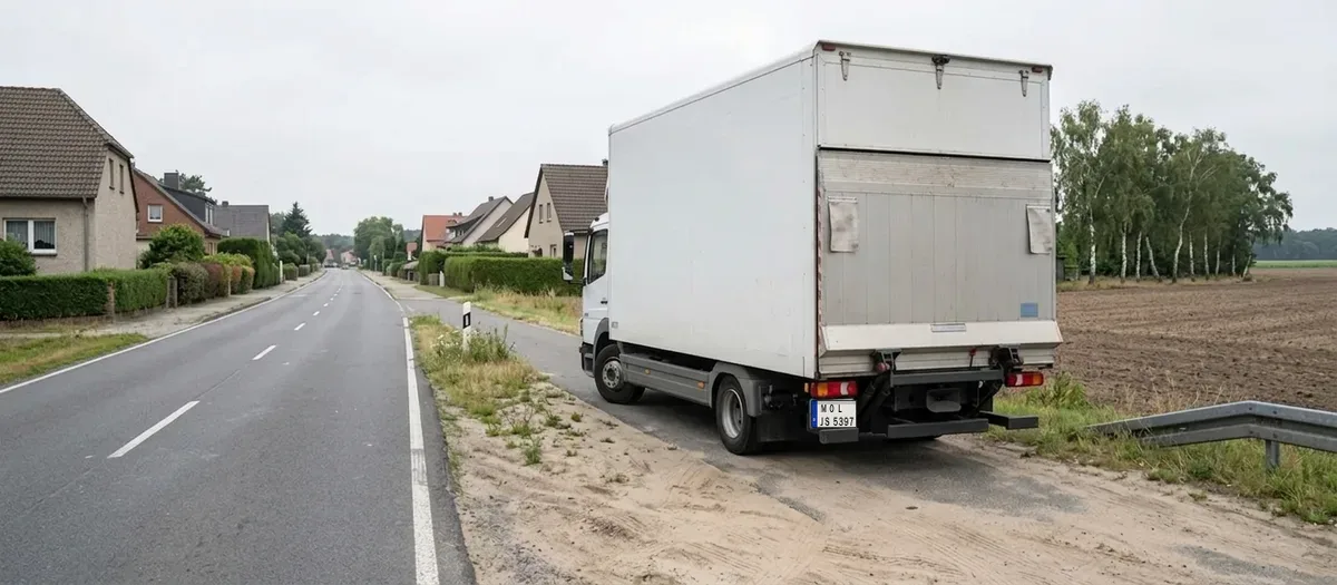 Umzugswagen auf einer Landstraße am Ortsrand, im Hintergrund Einfamilienhäuser und Felder